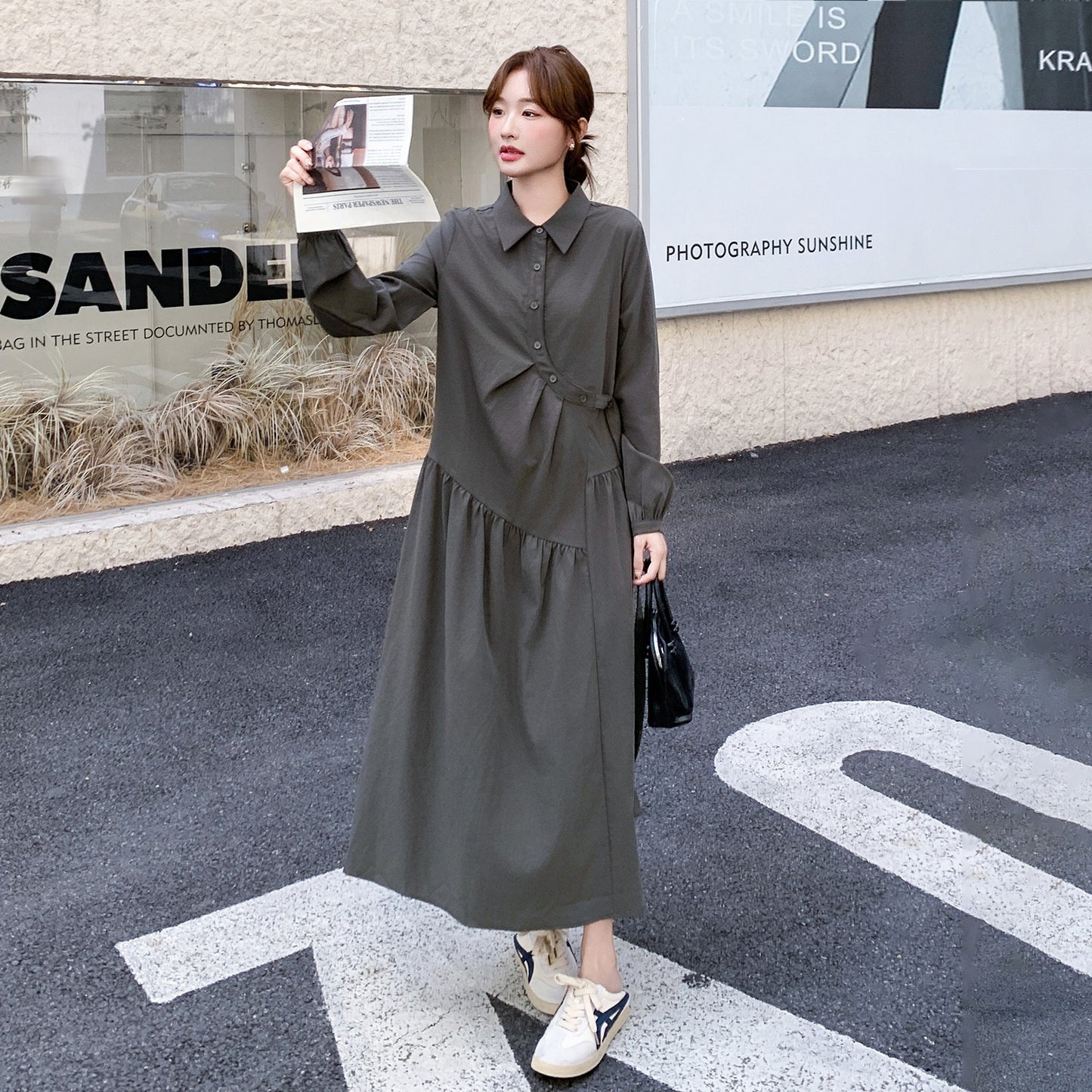 【ワンピース】秋新作 長袖ワンピース レディース 韓国風 ヘップバーン風 細見え 大人可愛い ロング丈【JZシリーズ】