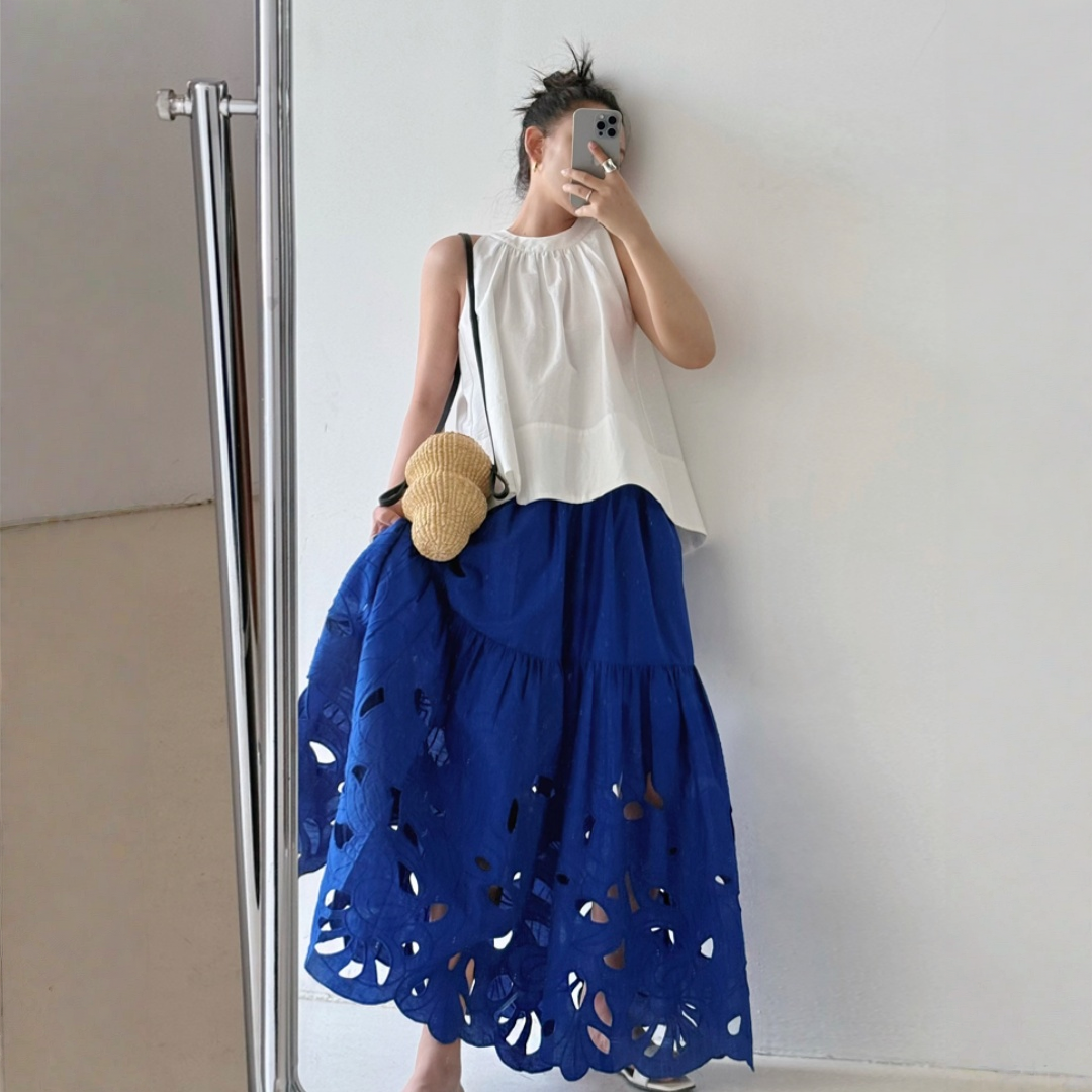 【ボトムス】クラインブルー レーザーカット透かしデザイン 両サイド刺繍 ウエストゴム仕様 スカート 【JZシリーズ】