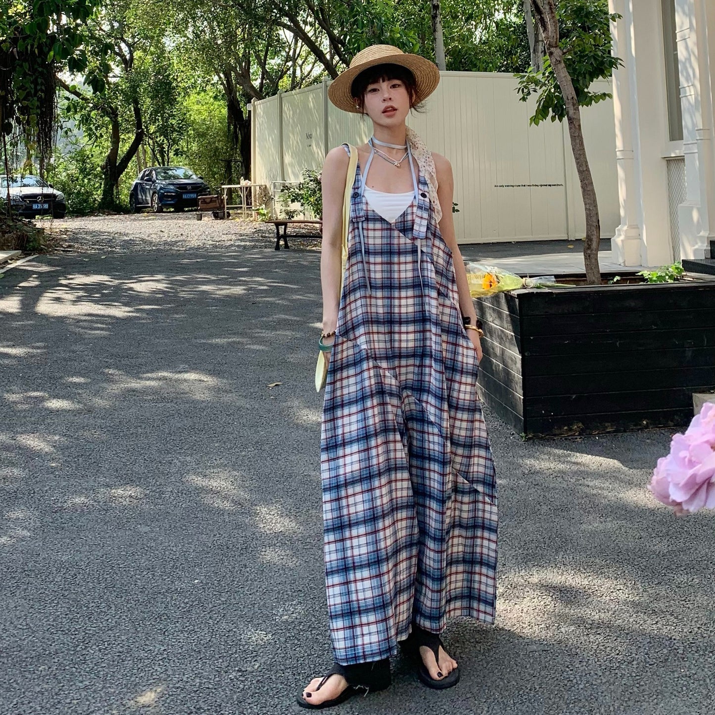 【ボトムス】ゆったりリラックス感 Vネック レトロチェック柄 オールインワン【SHシリーズ】