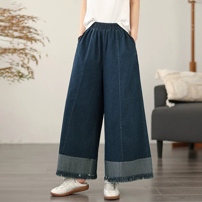 【ボトムス】レトロデニムワイドパンツ レディース 裾フリンジ加工 ゆったりシルエット【JZシリーズ】