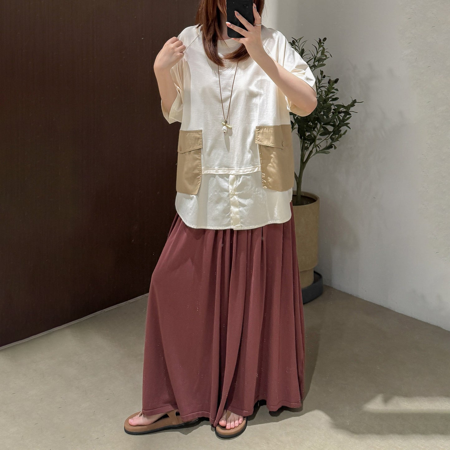 【トップス】立体ビッグポケット フェイクレイヤード 切替 半袖Tシャツ ゆったり オーバーサイズ【JZシリーズ】
