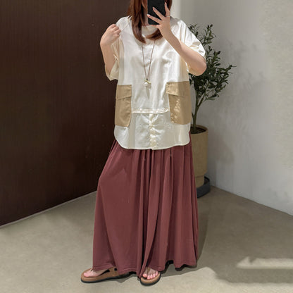 【トップス】立体ビッグポケット フェイクレイヤード 切替 半袖Tシャツ ゆったり オーバーサイズ【JZシリーズ】