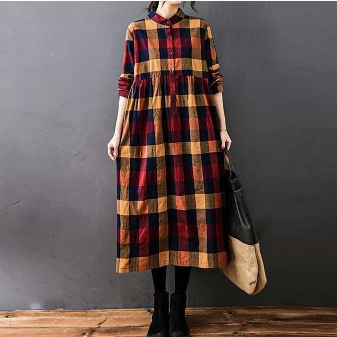 【ワンピース】春 秋 冬 切り替え チェック柄 ゆるリラックス 長袖 ワンピース 【SHシリーズ】