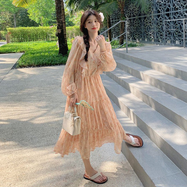 【ワンピース】フレンチ風フリル花柄 長袖ワンピース 細見え フェミニン ロングドレス 爆発ヒット【SHシリーズ】