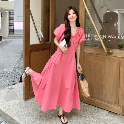【ワンピース】パフスリーブ ワンピース レディース 夏 Vネック 半袖 ロングワンピース 細見え ウエストマーク 人気 フレンチ風【SHシリーズ】