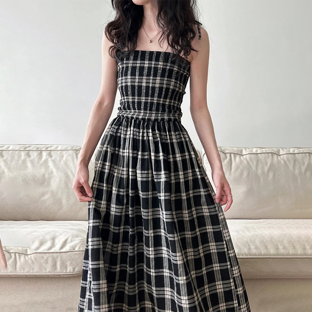 【ワンピース】夏 高級感 レトロ チェック柄 ストラップドレス【SNシリーズ】