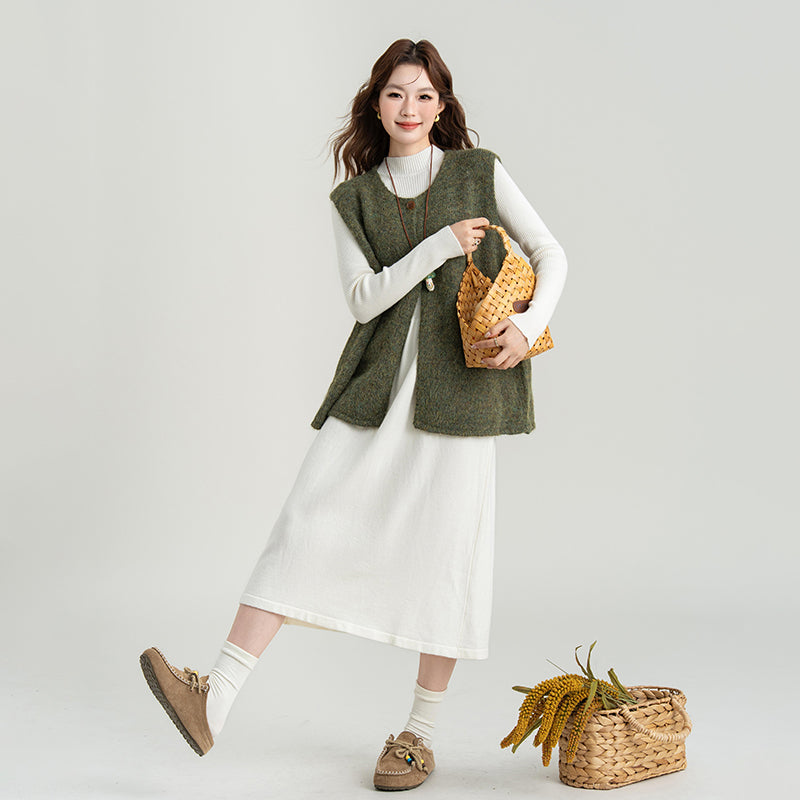 【セットアップ】ニットベスト＆長袖ニットワンピース2点セット レディース 秋冬服新作 ゆったりシルエット 大人カジュアル【JZシリーズ】