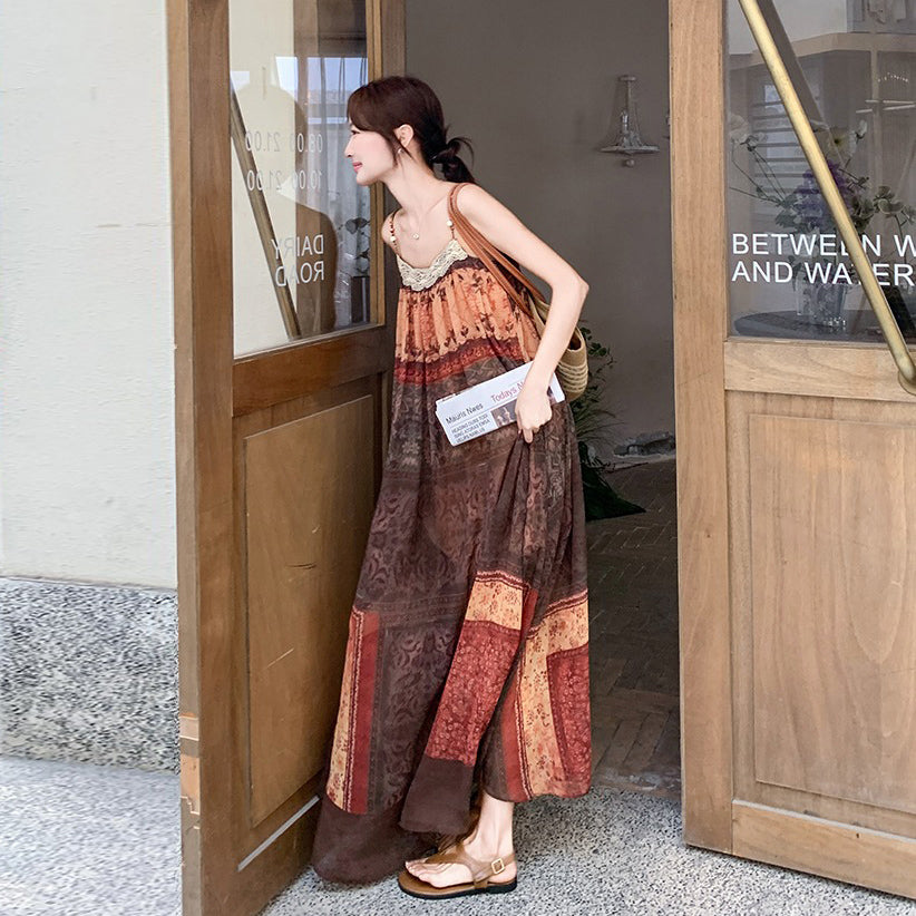 【ワンピース】フレンチ民族風 リゾート 色分けプリント ノースリーブキャミソールワンピース【SHシリーズ】