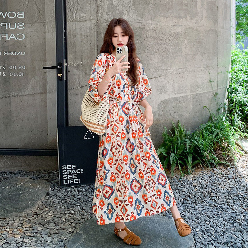 【ワンピース】夏 フレンチ風 旅行リゾート風 プリント パフスリーブ 半袖ワンピース【SHシリーズ】