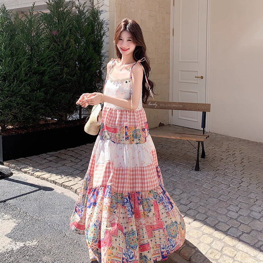 【ワンピース】夏 独特デザイン プリント チェック レースパッチワーク ノースリーブキャミソールワンピース【SHシリーズ】