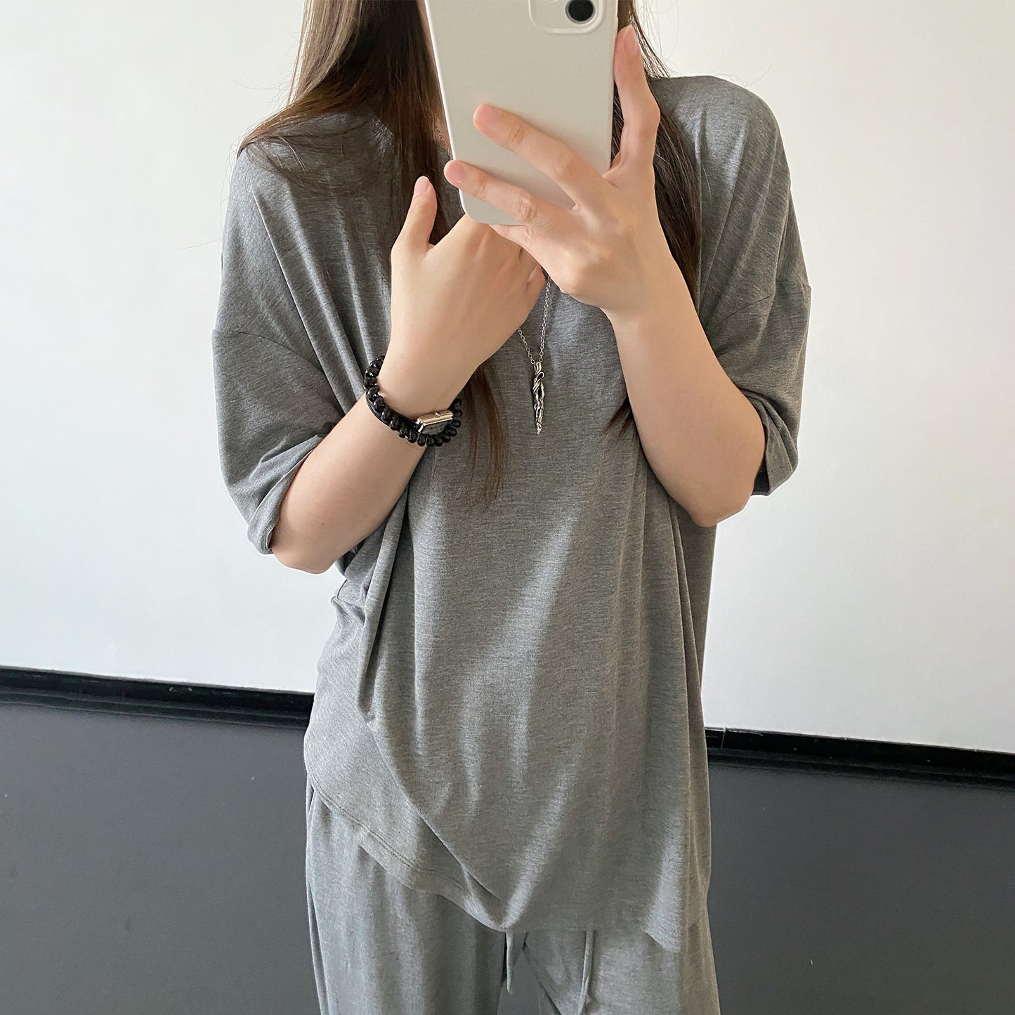 【セットアップ】【単品注文】テンセル素材 半袖Tシャツ＋ワイドパンツ 上下セット ゆったり ルーズフィット リラックス カジュアル ママコーデ 春夏【FCシリーズ】