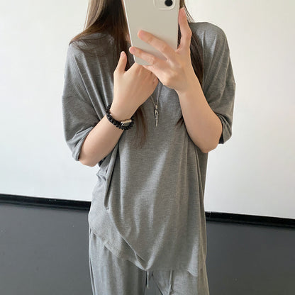 【セットアップ】【単品注文】テンセル素材 半袖Tシャツ＋ワイドパンツ 上下セット ゆったり ルーズフィット リラックス カジュアル ママコーデ 春夏【FCシリーズ】