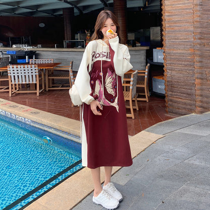 【ワンピース】韓国風カジュアル 配色 長袖スウェットワンピース レディース 春秋 人気 ゆったりフード付きロングワンピース【JZシリーズ】