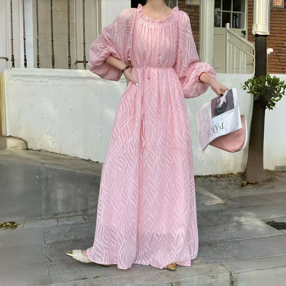 [洋裝] 韓版春夏露肩圓領2way寬鬆長袖連身裙