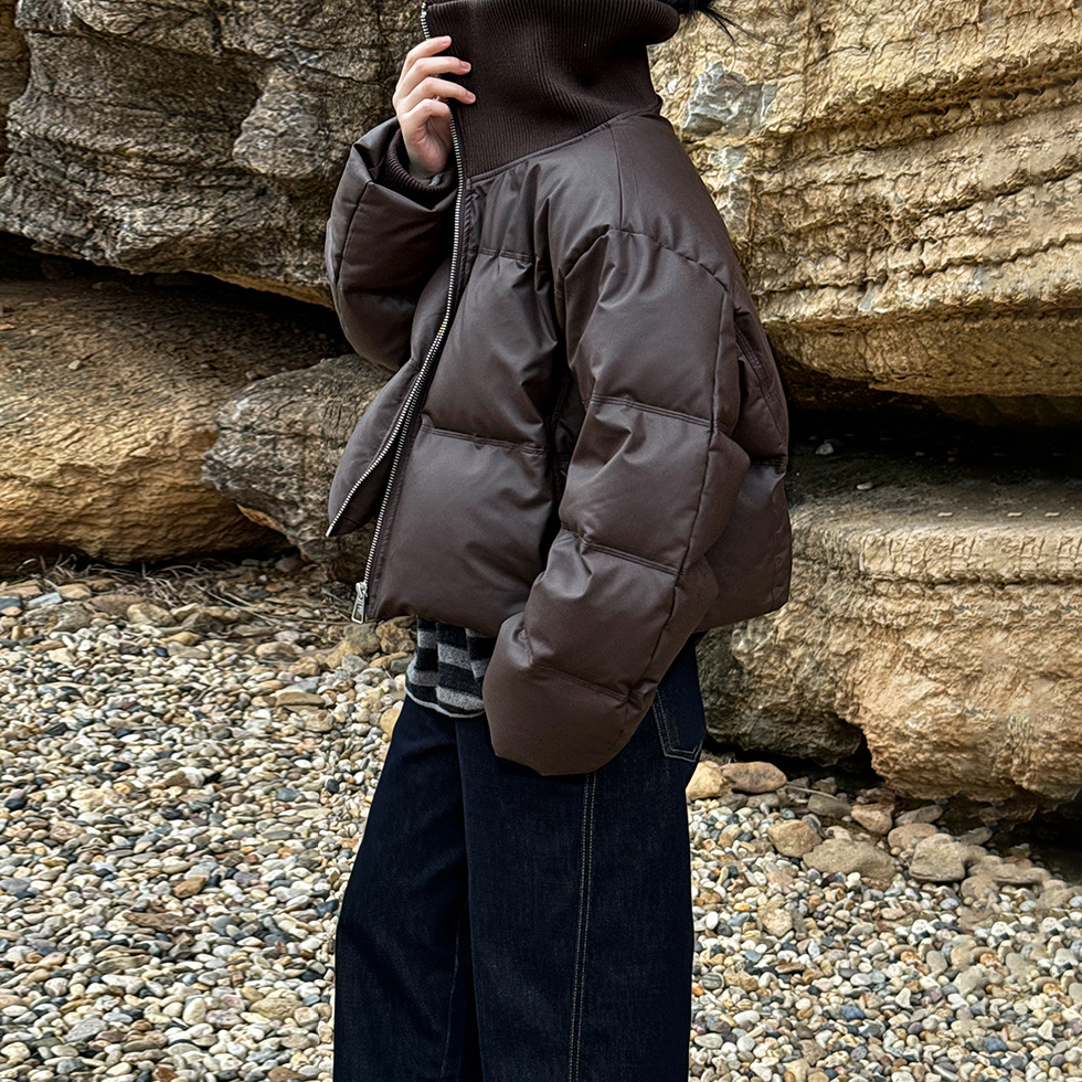 【アウター】冬新作 PUレザー切り替え ダウンコート レディース ショート丈 ホワイトダックダウン【JZシリーズ】