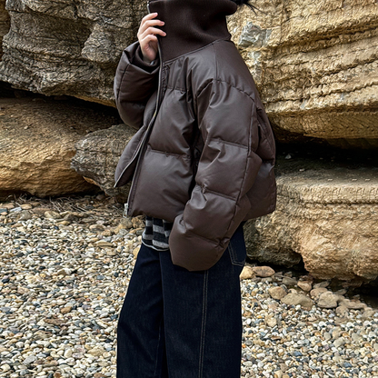 【アウター】冬新作 PUレザー切り替え ダウンコート レディース ショート丈 ホワイトダックダウン【JZシリーズ】