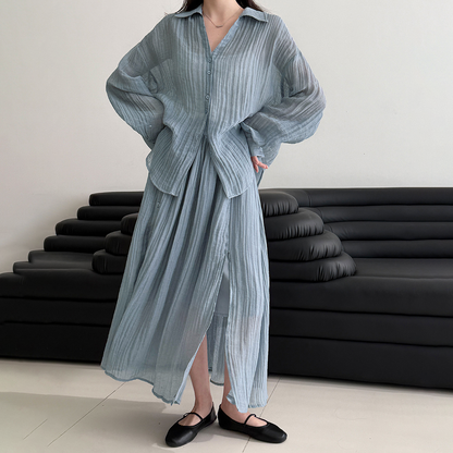 2点セット！【セットアップ】春新作 レディース プリーツシャツジャケット＋ロングスカート セットアップ ラフスタイル カジュアル 2点上下セット【JZシリーズ】