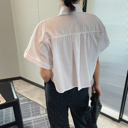 【トップス】ロールアップスリーブ半袖シャツ 夏 ゆったり ファッション カジュアル スリム見え ショート丈 フレンチシャツ【JZシリーズ】