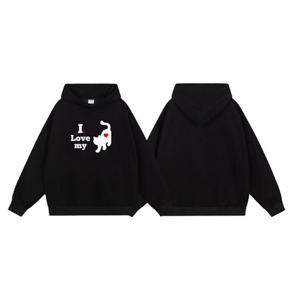 全7色【トップス】🐱猫プリント フード付き スウェット ユニセックス 秋冬 ゆったり かわいい パーカー【FCシリーズ】