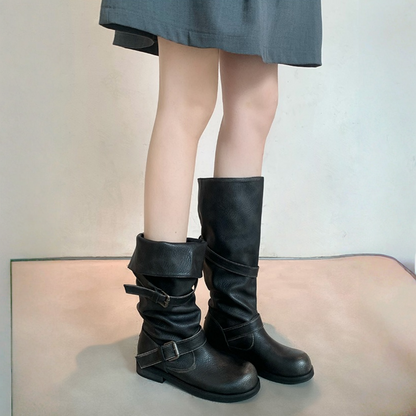 【シューズ】春 秋 冬 筒周りが広い ラウンドトゥ パンツインブーツ 厚底 ライダーブーツ 【JZシリーズ】