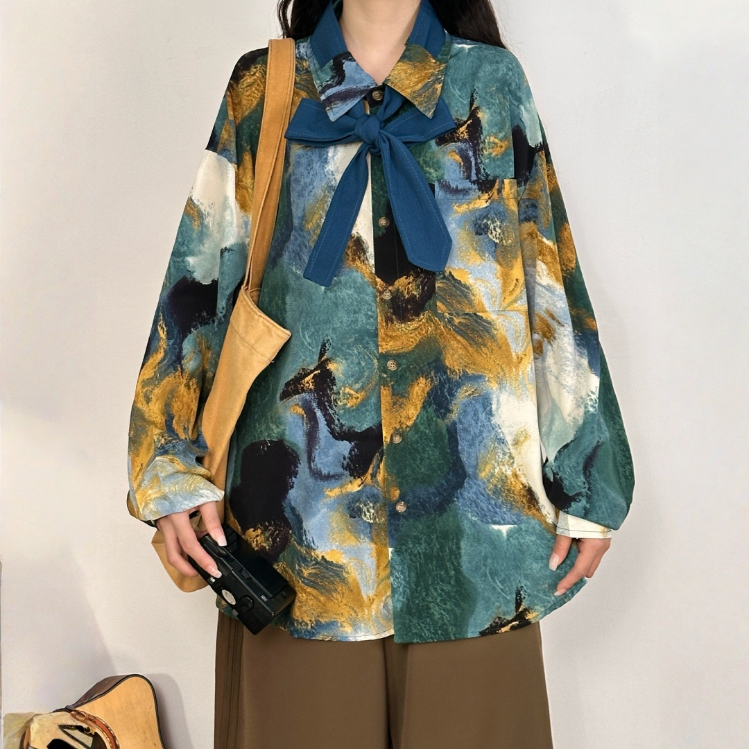 【トップス】カラフル油絵プリント アート感のある 長袖 シャツ 【FCシリーズ】