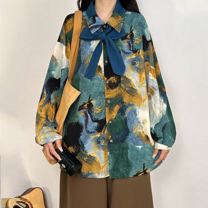 【トップス】カラフル油絵プリント アート感のある 長袖 シャツ 【FCシリーズ】