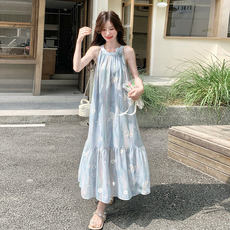 【ワンピース】リゾート風 ブルー立体フラワーワンピース レディース ノースリーブ ホルターネック 中長丈 ゆったり 体型カバー おしゃれ【SHシリーズ】