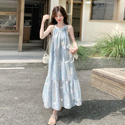 【ワンピース】リゾート風 ブルー立体フラワーワンピース レディース ノースリーブ ホルターネック 中長丈 ゆったり 体型カバー おしゃれ【SHシリーズ】