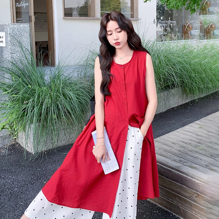 2点セット!【セットアップ】赤ノースリーブロングジレワンピース＋ドットワイドパンツ 上下セットアップ 夏コーデ【JZシリーズ】