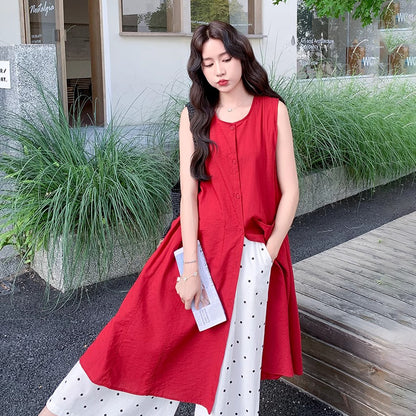 2点セット!【セットアップ】赤ノースリーブロングジレワンピース＋ドットワイドパンツ 上下セットアップ 夏コーデ【JZシリーズ】