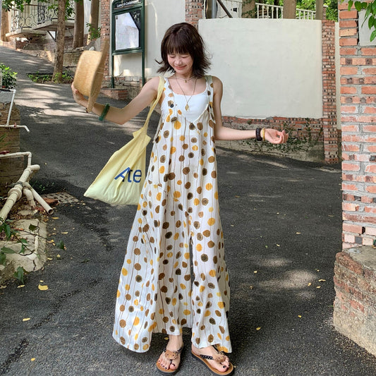 【ボトムス】夏新作 ゆったりレトロ水玉キャミサロペット Vネック オールインワン【SHシリーズ】