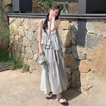 2点セット！【セットアップ】最近こればっかり着てる…♡ フリルベスト×スカート 上下セット グレー フレンチ風 夏リゾートコーデ きれいめ大人女子【JZシリーズ】