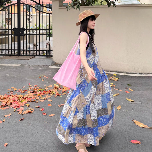 【ワンピース】アートフラワー キャミワンピース レディース ノースリーブ 夏 ゆったり フレアロング丈 体型カバー リネン風 人気 レトロコーデ【SHシリーズ】