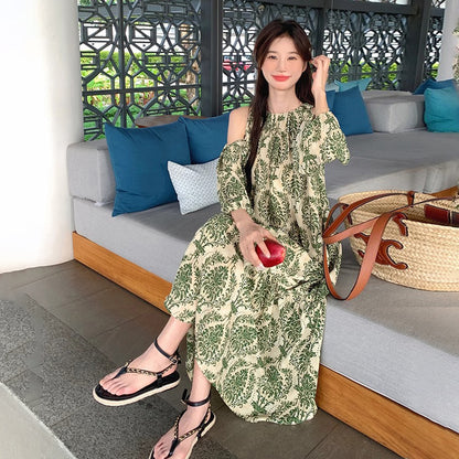 【ワンピース】フレンチエレガンス オフショルダー 花柄 半袖ワンピース 夏 海辺バカンス ロングドレス【SHシリーズ】