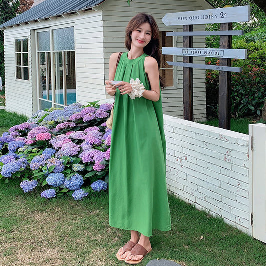 【ワンピース】夏 バカンス森系 細見え気質 ノースリーブオフショルダーワンピース【JZシリーズ】