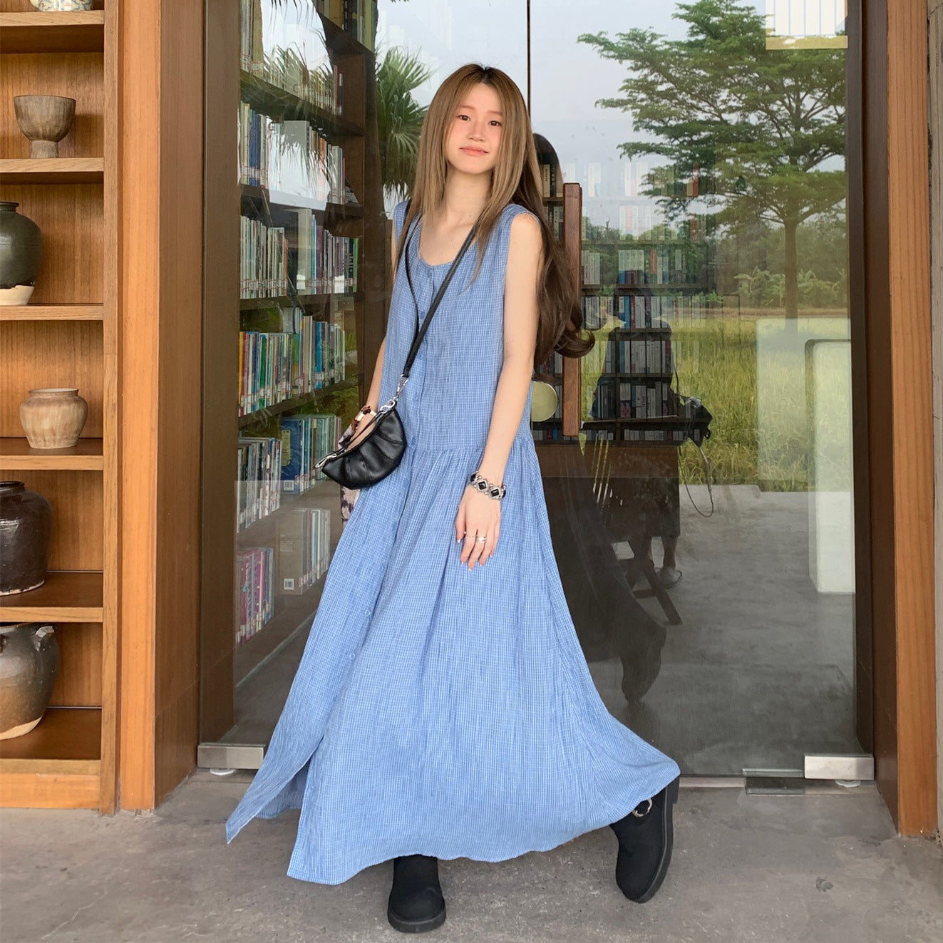 【ワンピース】韓国風チェック柄 夏の甘くて爽やかなノースリーブワンピース【SHシリーズ】