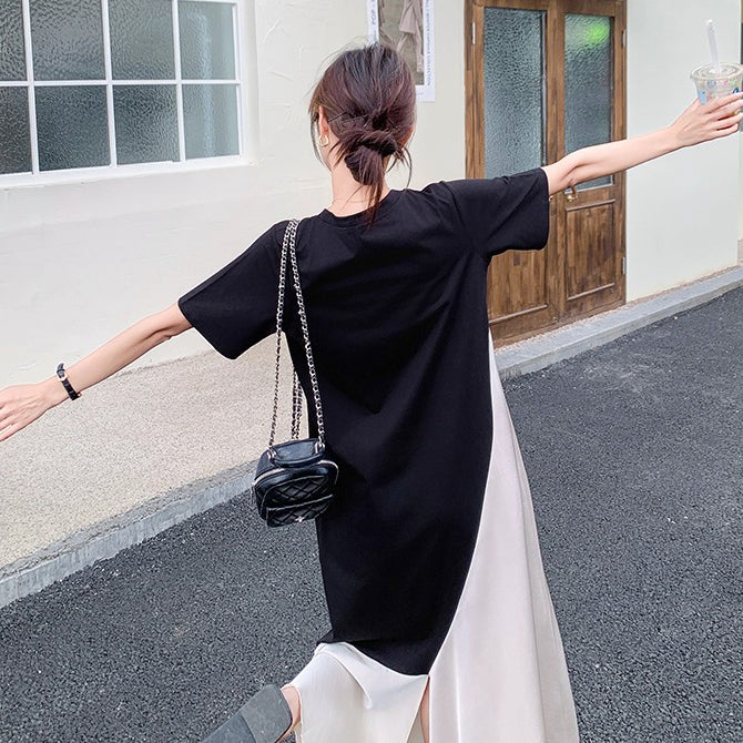 【ワンピース】個性配色切り替えアシンメトリー半袖 Tシャツワンピース 夏 ゆったりロング丈【JZシリーズ】