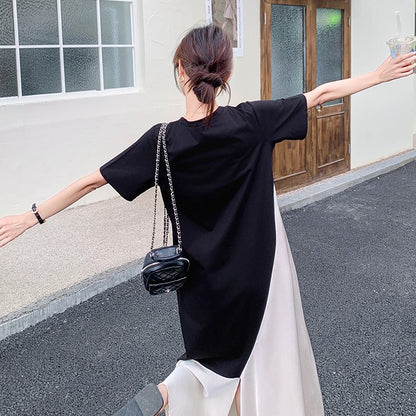 【ワンピース】個性配色切り替えアシンメトリー半袖 Tシャツワンピース 夏 ゆったりロング丈【JZシリーズ】