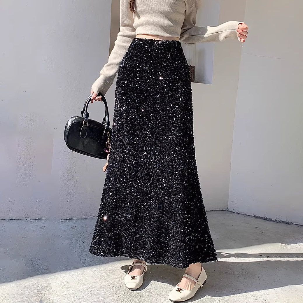【ボトムス】ドレープ感ラメスカート レディース 秋冬 ハイウエスト Aライン ヒップカバー きれいめ ミディ丈【JZシリーズ】
