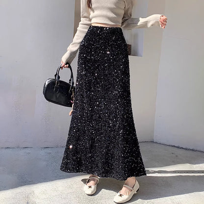 【ボトムス】ドレープ感ラメスカート レディース 秋冬 ハイウエスト Aライン ヒップカバー きれいめ ミディ丈【JZシリーズ】