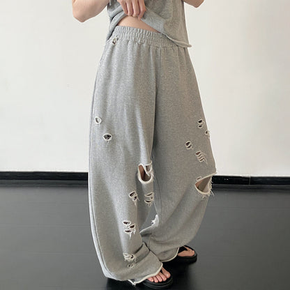 【セットアップ】【単品注文】春夏 半袖Tシャツ＋ワイドパンツ 上下セット グレー ルーズフィット ダメージ風 カジュアル スポーツミックス リラックスコーデ【FCシリーズ】