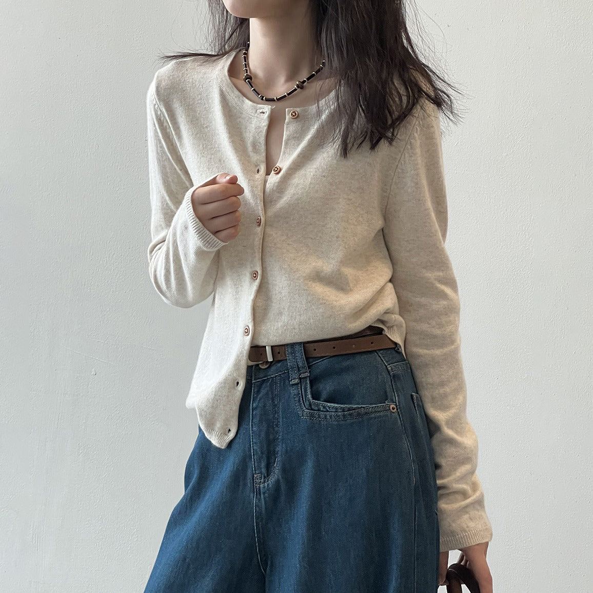 【トップス】バイカラーストライプが映える！韓国風薄手ニットカーディガン｜体型カバーも叶う秋トップス【JZシリーズ】