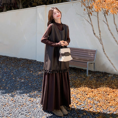 2点セット！【セットアップ】メラード風 PUレザー切り替え ワンピース＋インナートップスセット 春秋コーデ【JZシリーズ】