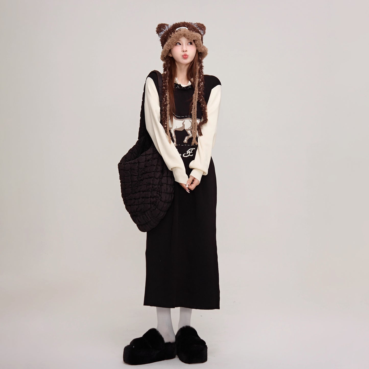 【ワンピース】✨配色デザイン♡ツーピース風ニット長袖ワンピース 冬 レディース 上品＆高見え【JZシリーズ】