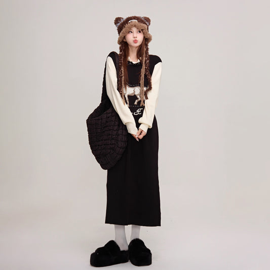 【ワンピース】✨配色デザイン♡ツーピース風ニット長袖ワンピース 冬 レディース 上品＆高見え【JZシリーズ】