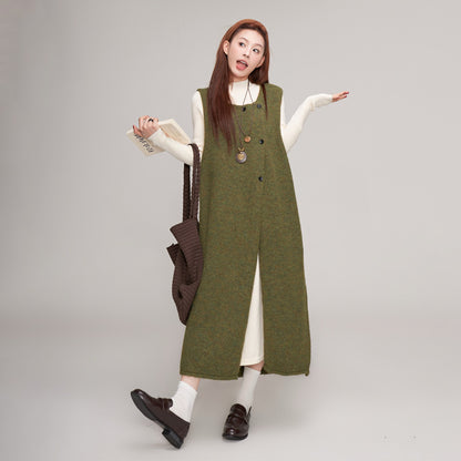 【ワンピース】秋冬 レトロ 森ガール マスタードグリーン ニットサロペットワンピ レディース 重ね着スタイルノースリーブワンピース【JZシリーズ】