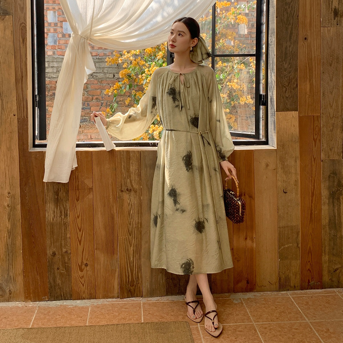 【ワンピース】春 秋 夏 ランタンスリーブ パフスリーブ エレガント 長袖 ワンピース 【SHシリーズ】