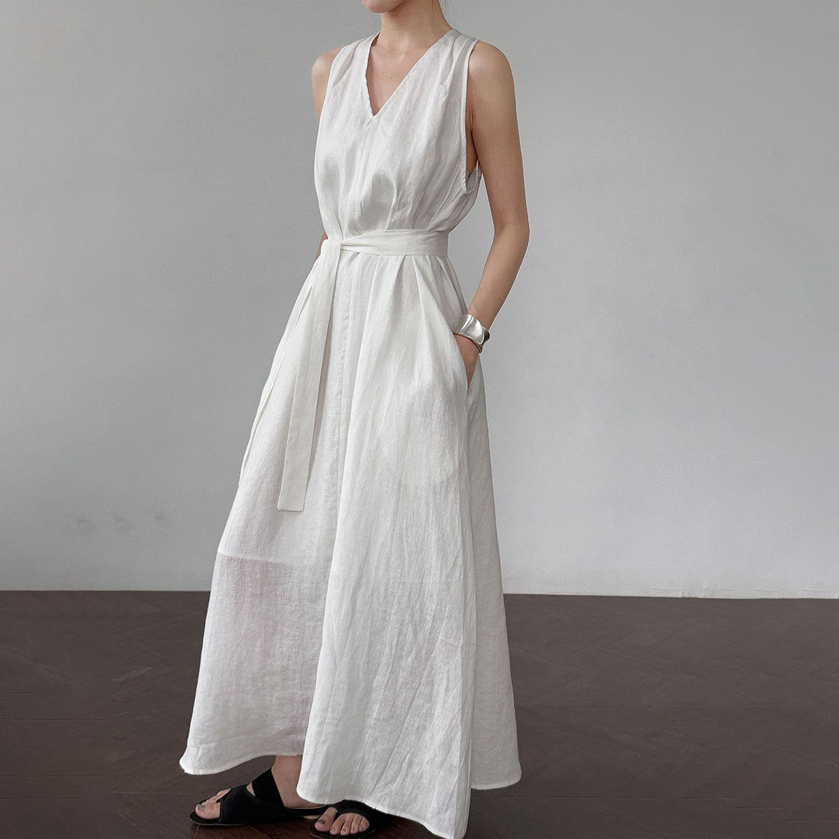 【ワンピース】韓国系シックVネック 夏用 100%苎麻 ノースリーブワンピース【JZシリーズ】