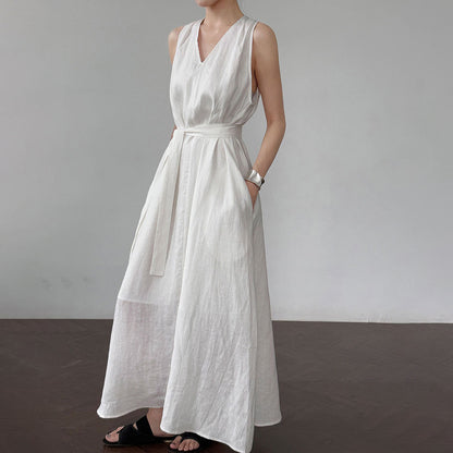 【ワンピース】韓国系シックVネック 夏用 100%苎麻 ノースリーブワンピース【JZシリーズ】