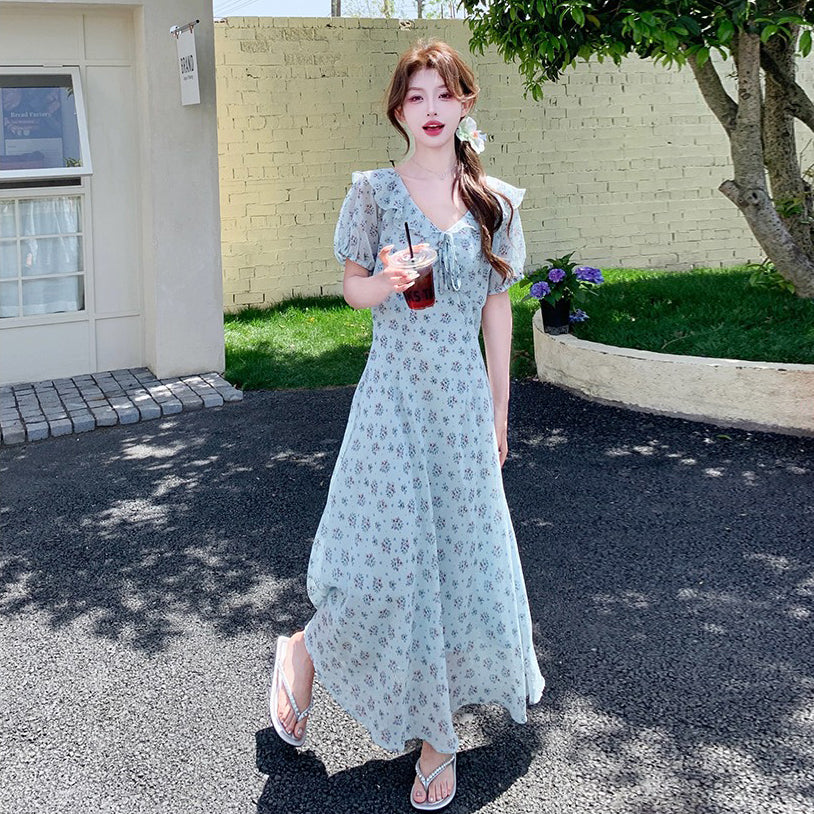 【ワンピース】花柄シフォン 半袖ワンピース｜Vネック 細見え叶う♡フレンチガーリーなAラインドレス【SHシリーズ】